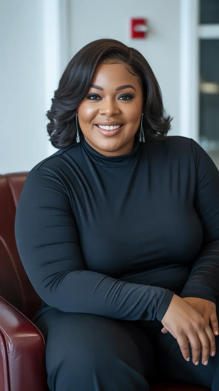 Haircuts for Plus Size Women 2026 Polished Curls with Side Part Glam