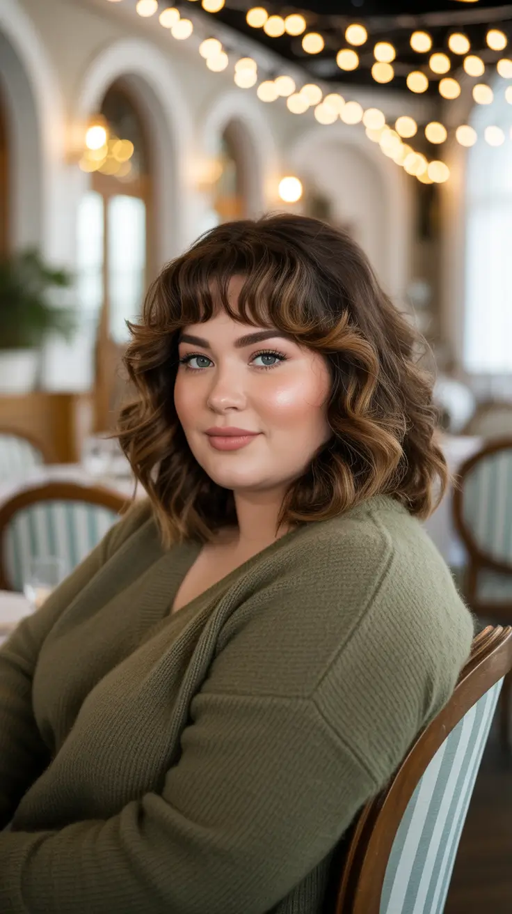 Haircuts for Plus Size Women 2026 Soft Curls with Modern Curtain Bangs