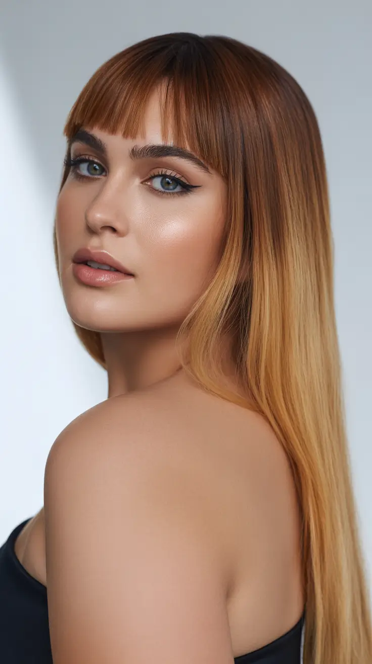 Modern Haircuts for Round Faces 2026 Golden Ombre with Sleek Bangs