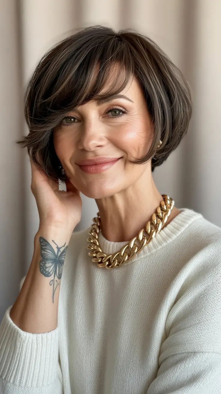 Haircuts for Women Over 50 2026 Playful Layered Bob with Side Bangs