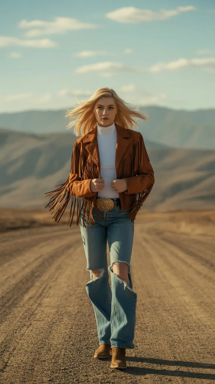 rodeo outfits 2026 Rust Fringe Road Look