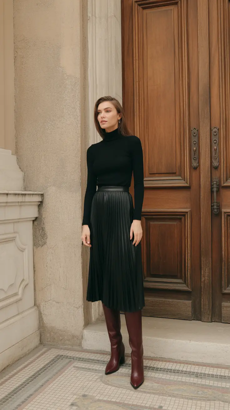 business casual outfits 2026 Black Pleats and Bordeaux Boots