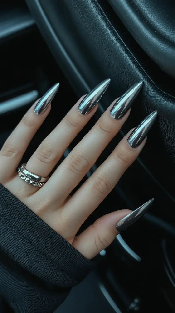 New Chrome Nails Ideas 2026 Gunmetal Chrome Stiletto