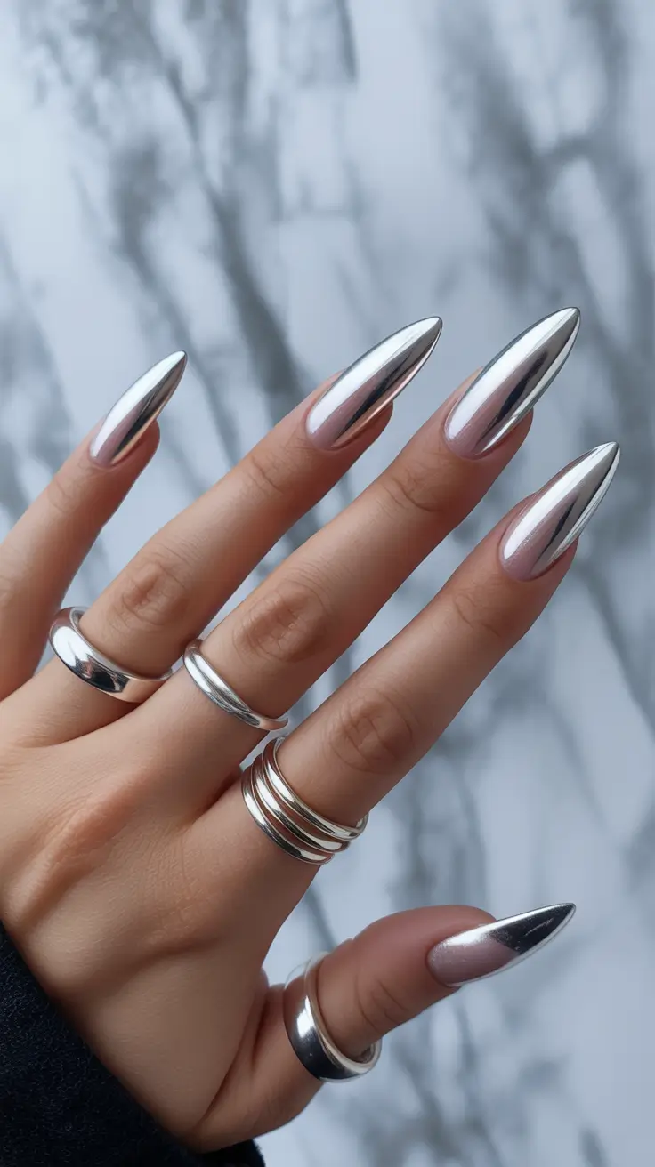 New Chrome Nails Ideas 2026 Silver Chrome Almond