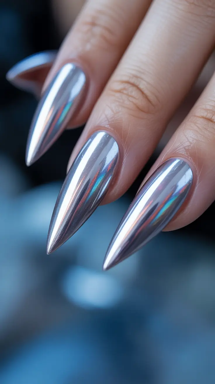 New Chrome Nails Ideas 2026 Silver Chrome Stiletto