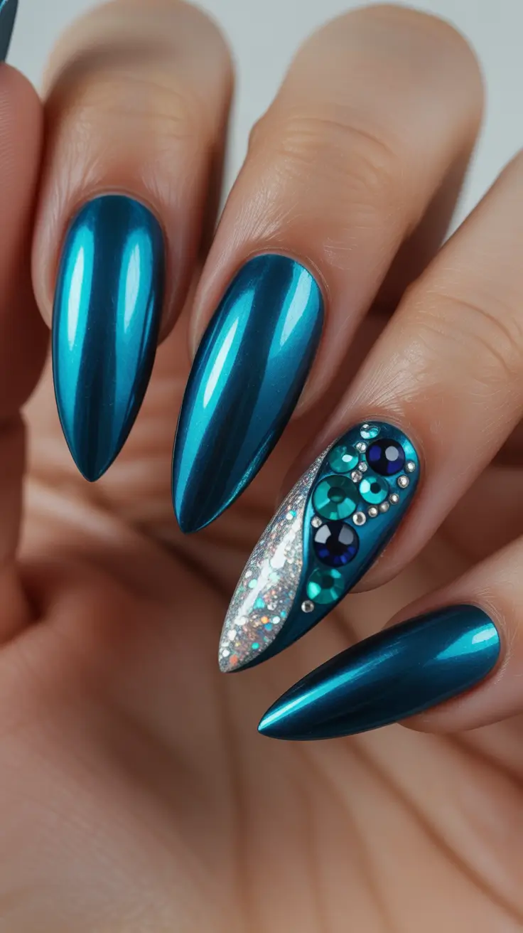 New Chrome Nails Ideas 2026 Teal Chrome Crystals