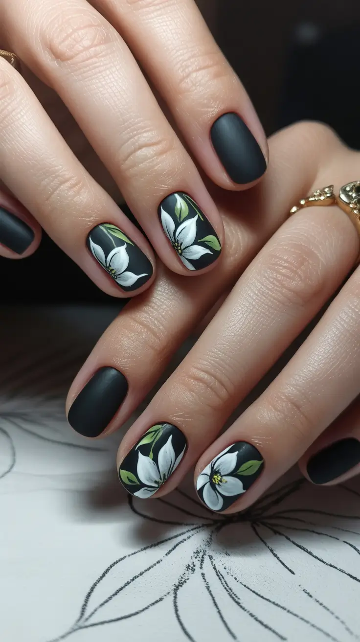 Short acrylic nails 2026 Matte Black Floral