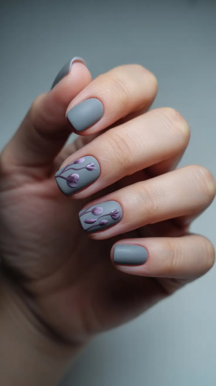 Short acrylic nails 2026 Gray Minimal Floral