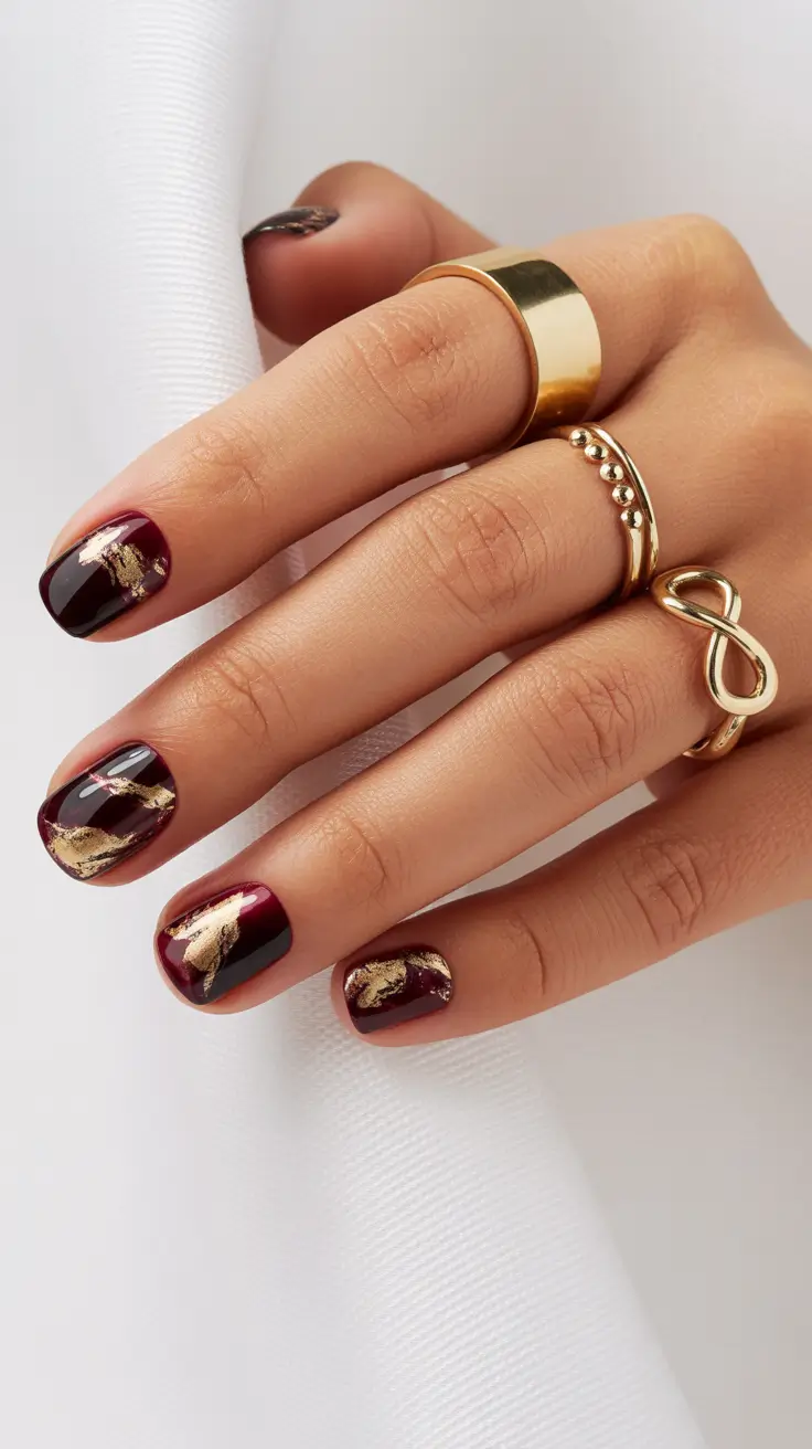 New Short Acrylic Nails 2026 Burgundy Gold