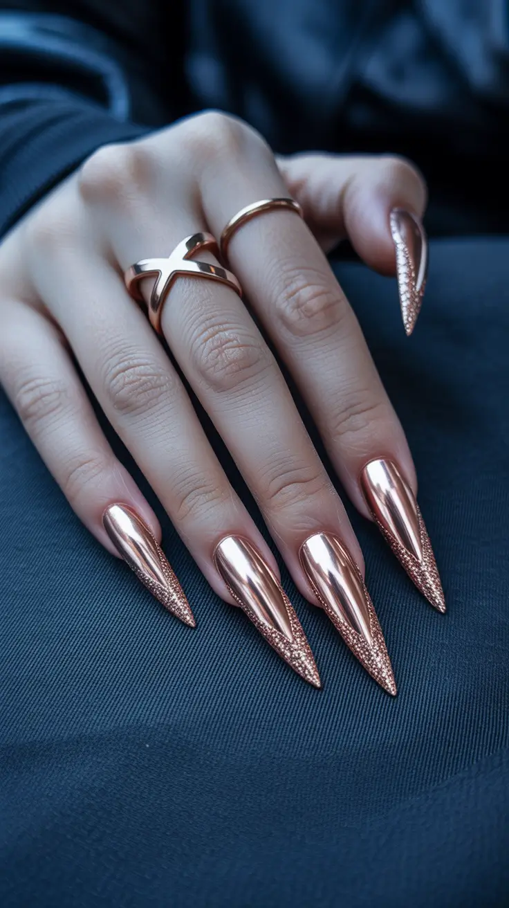 New Stiletto Nails 2026 Rose Gold Chrome Stilettos With Glitter Points