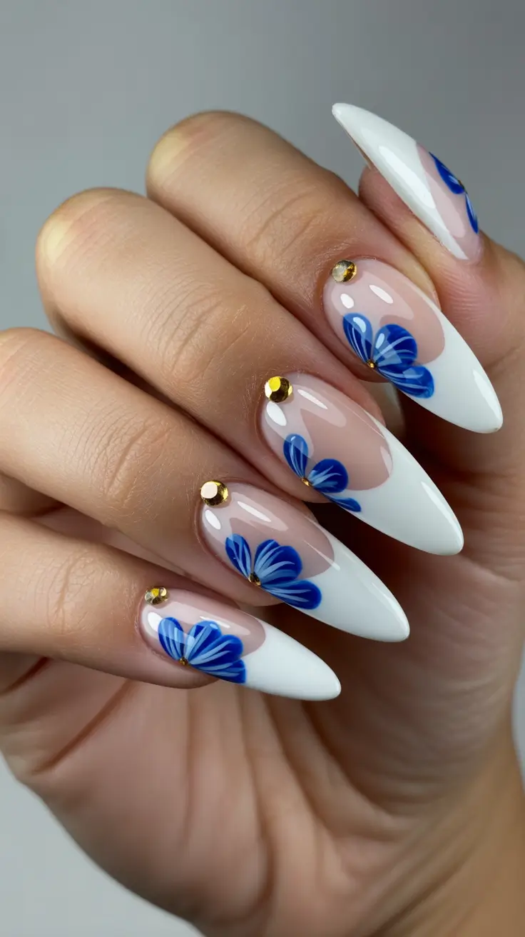 New Stiletto Nails 2026 White French Stilettos With Blue Floral Accents