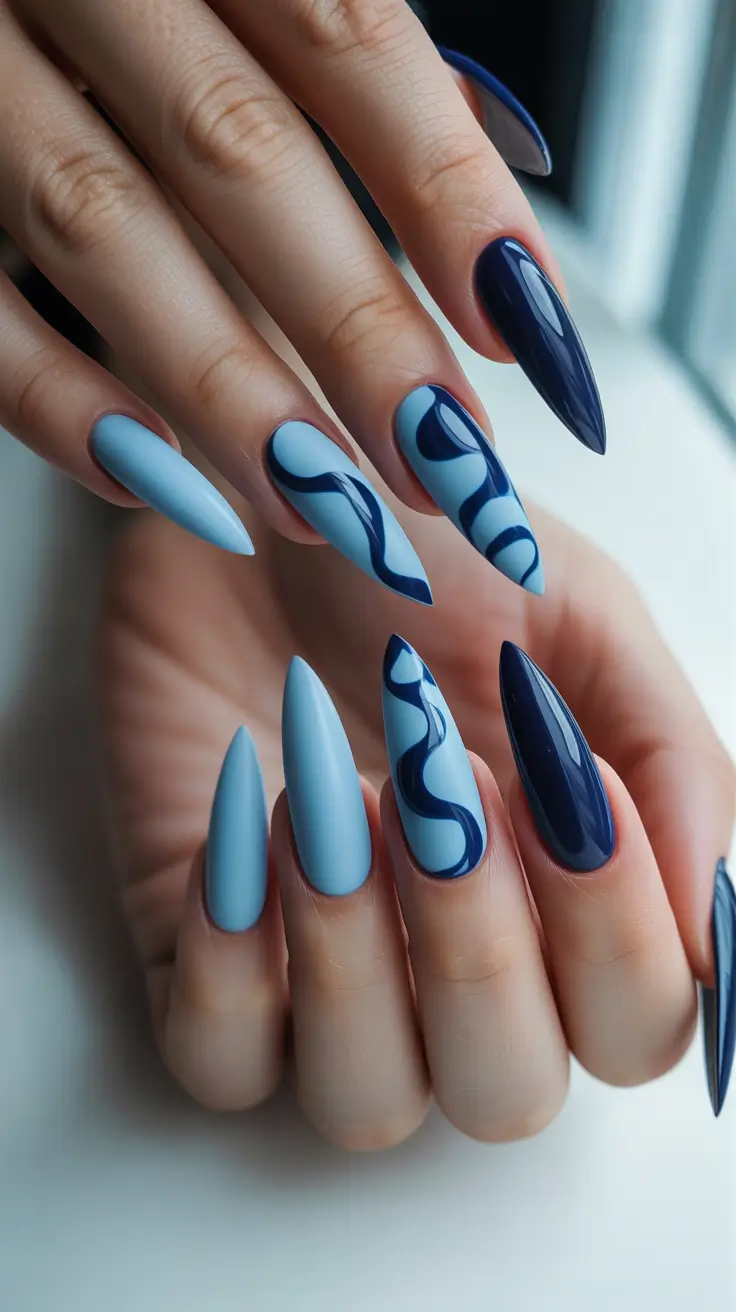 New Stiletto Nails 2026 Blue Stiletto Nails With Graphic Waves