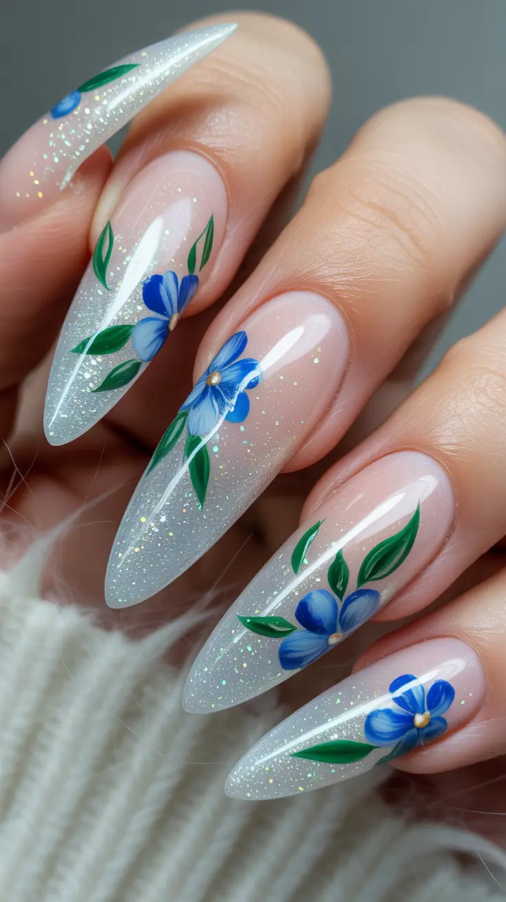 New Stiletto Nails 2026 Glitter Ombre Stilettos With Blue Florals