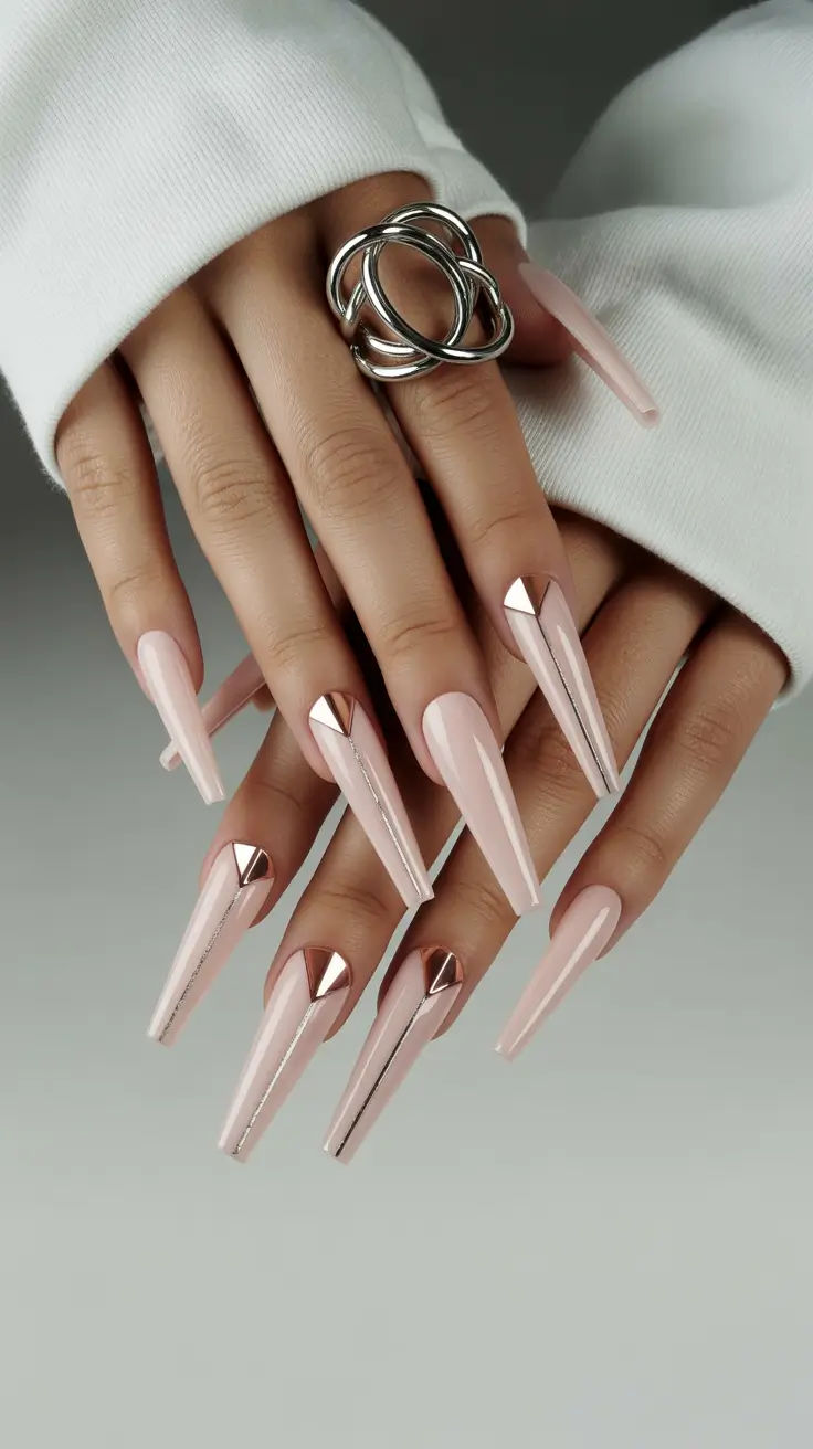 New Stiletto Nails 2026 Nude Nails With Geometric Metal Details