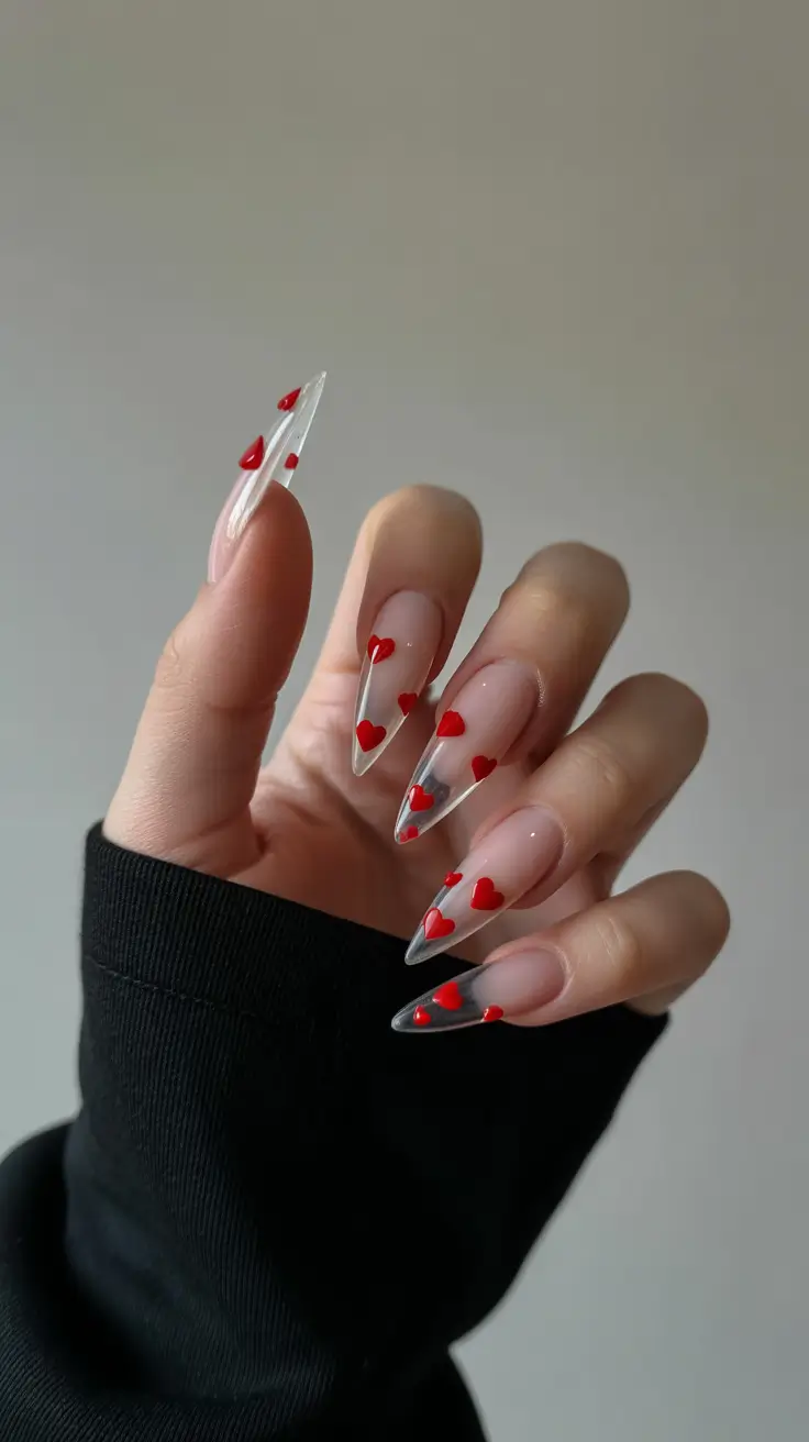 stiletto nails 2026 Clear Stiletto Nails with Red Heart Details