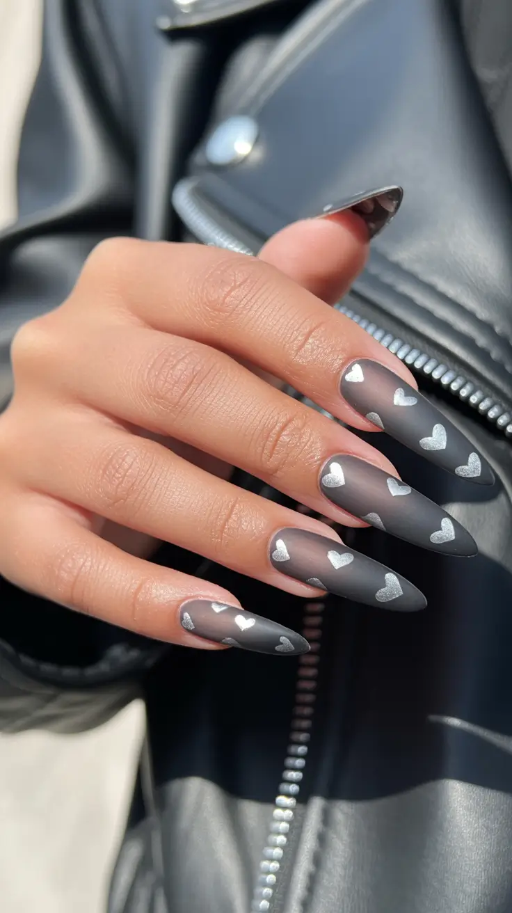stiletto nails 2026 Matte Charcoal Stiletto Nails with Silver Heart Accents