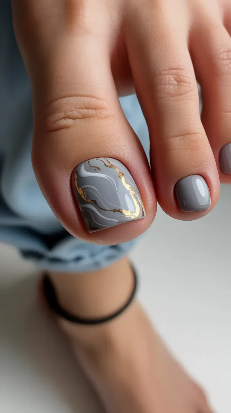 Toe nail colors 2026 Smoky Gray Marble with Gold Veins