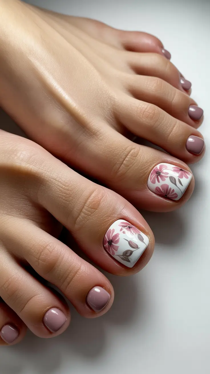 New Toe Nail Colors 2026 Mauve Neutrals with Soft Floral Art