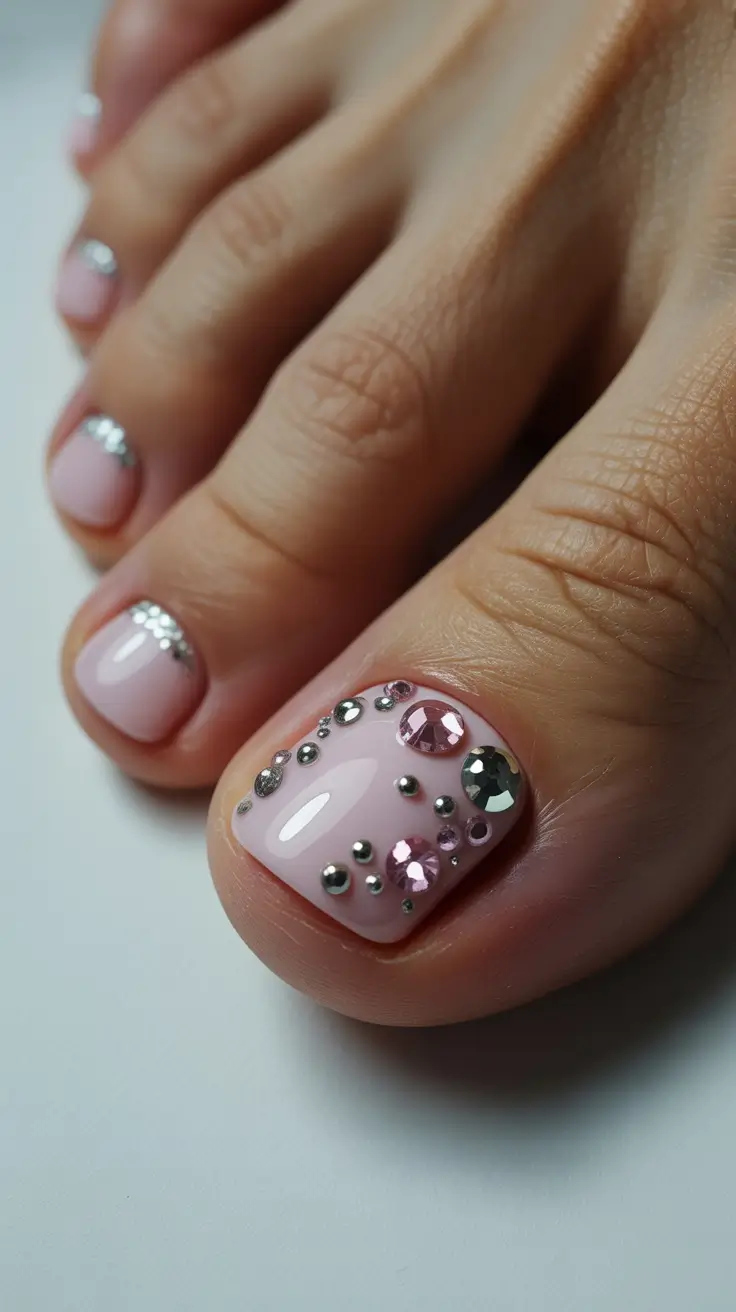 New Toe Nail Colors 2026 Blush Pink with Crystal Scatter Shine