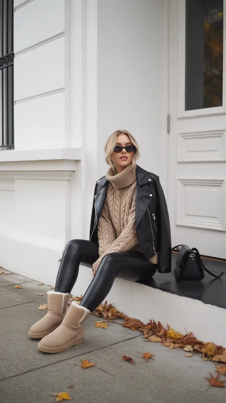 ugg outfits 2026 Leather, Knit, and Beige Perfection