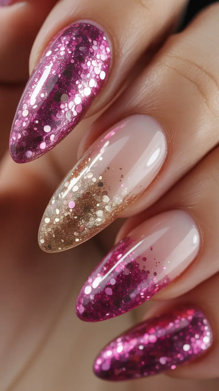 Pink Nails for 2026 Deep Pink Glitter Nude