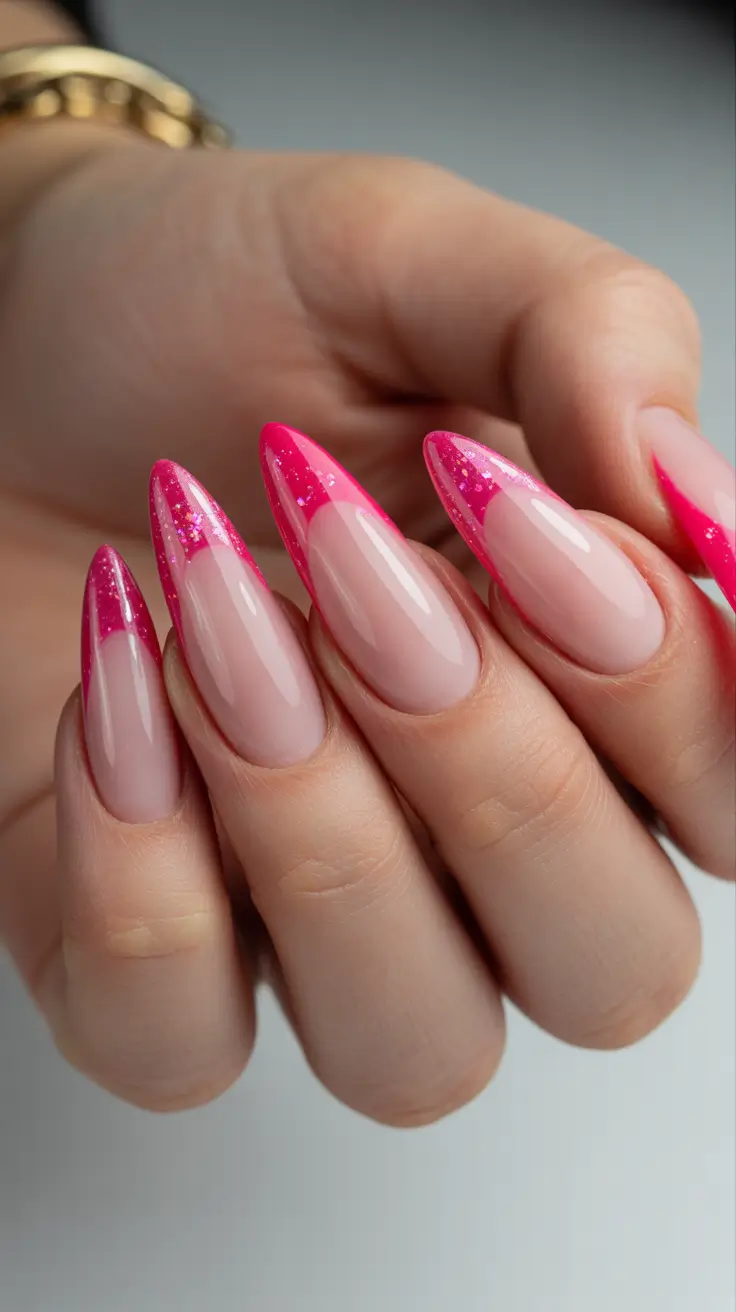 Pink Nails for 2026 Glitter French Tips