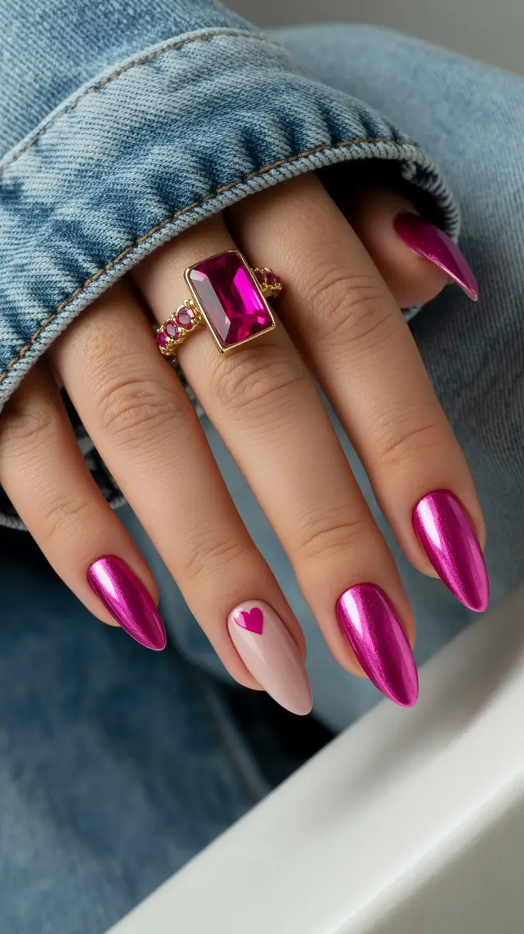 Pink Nails for 2026 Pink Chrome Heart Accent
