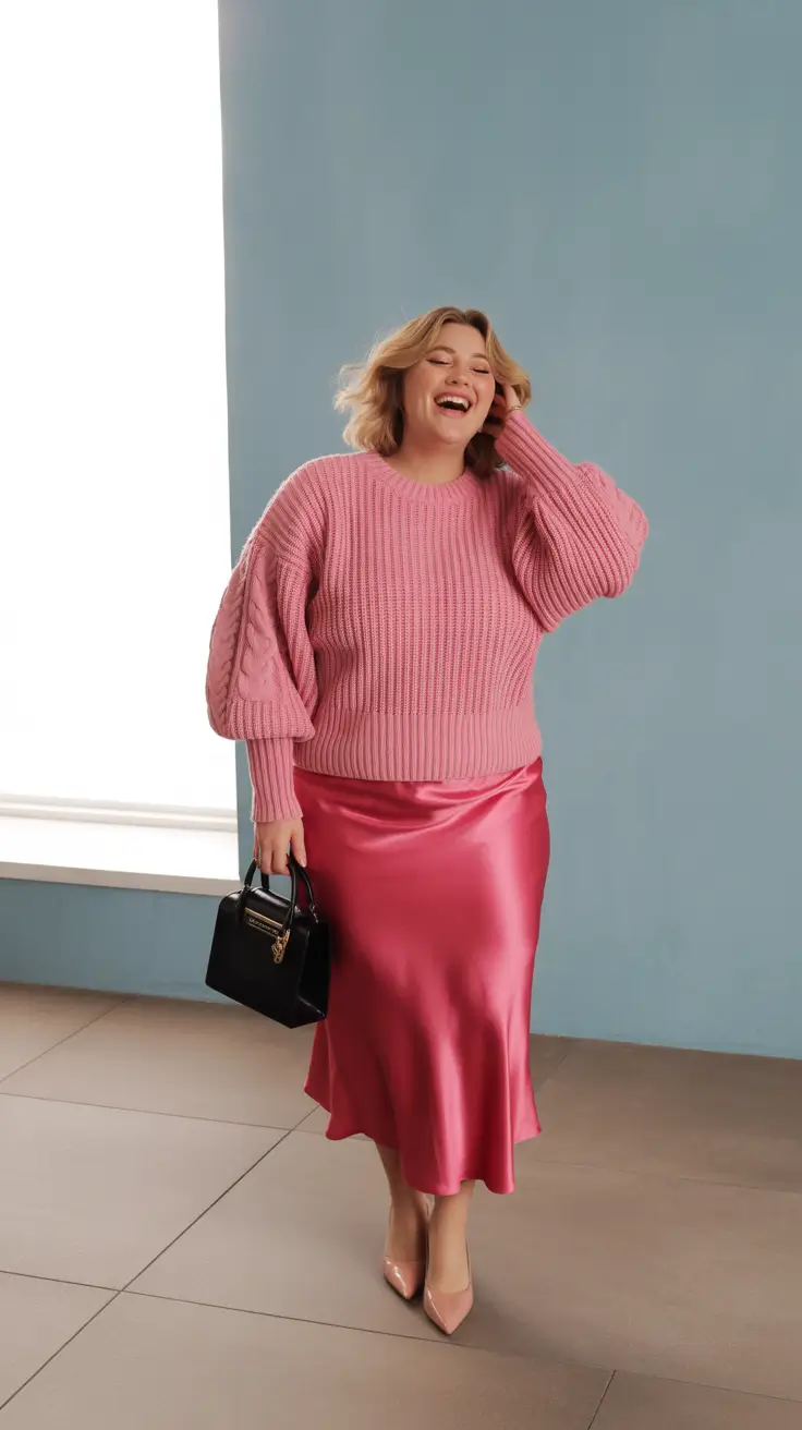 plus size outfits 2026 Pink Satin & Sweater Energy
