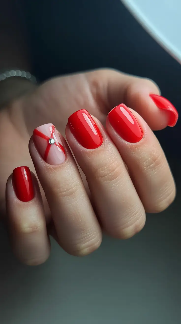 Red Nails 2026 Bright Red Graphic Lines