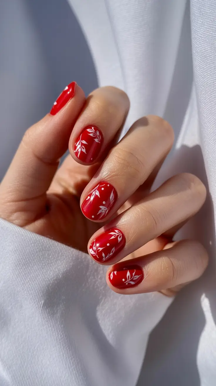 Red Nails 2026 Red With White Botanical Art