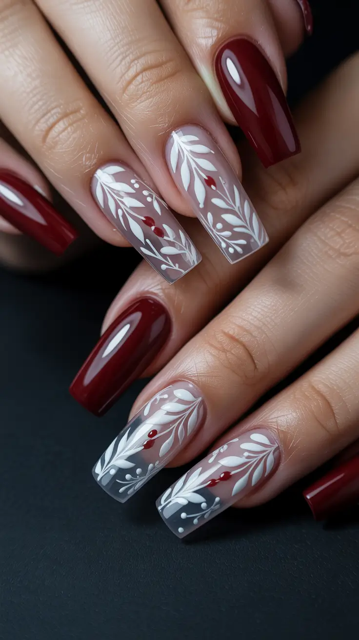 Red Nails 2026 Long Dark Red With White Detailing