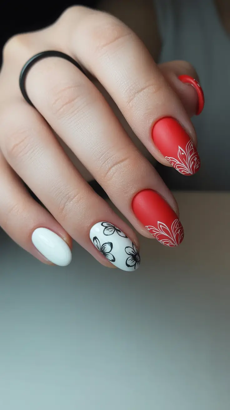 Red Nails 2026 Matte Red With Graphic Florals