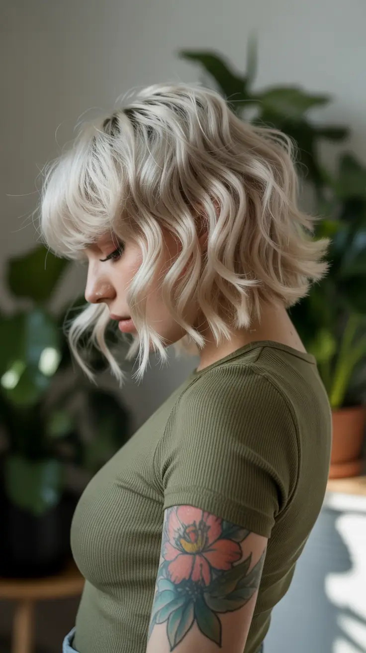 haircut for round face 2026 Textured Platinum Bob