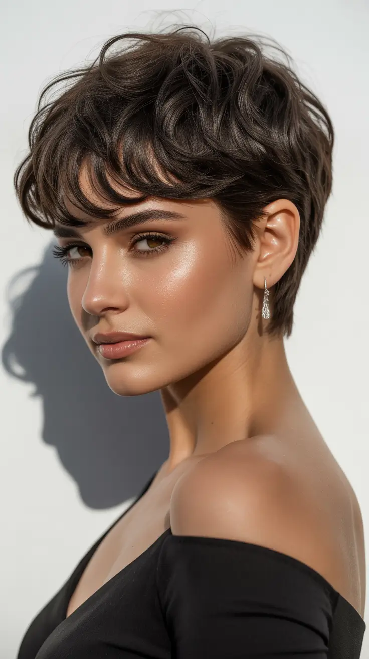 haircut for round face 2026 Chic Pixie with Tousled Bangs