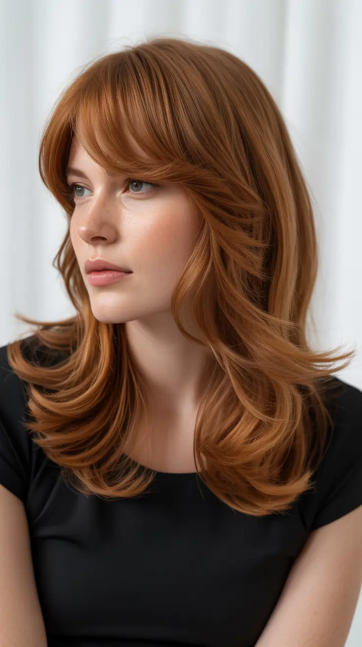 haircut for round face 2026 Feathered Copper Flow