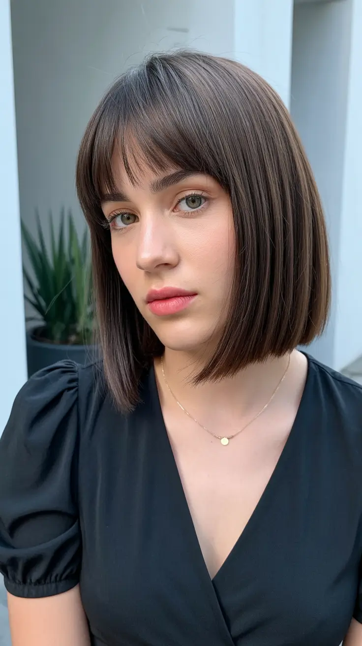 Short Haircuts 2026 Polished Straight Bob with Baby Bangs