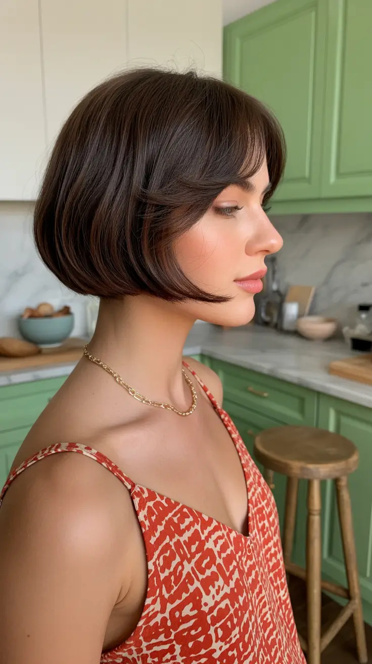 Short Haircuts 2026 Rounded Parisian Bob with Airy Bangs
