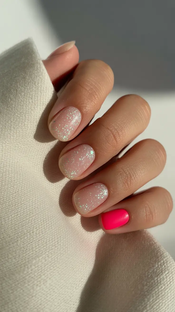 Short Nail Designs 2026 Soft Nude Short Nails With Subtle Glitter Accent