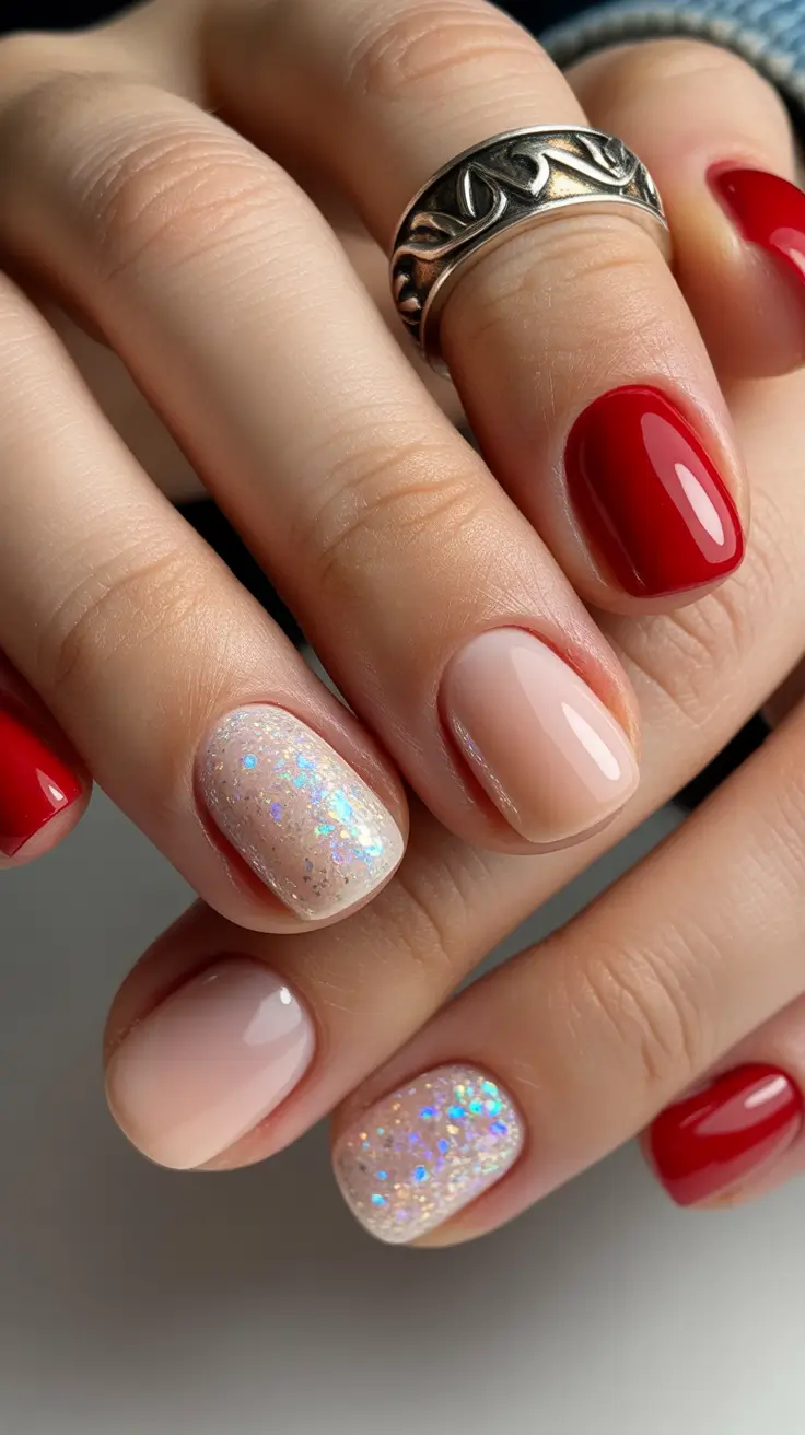 Short Nail Designs 2026 Red and Nude Short Nails With Sparkle Mix