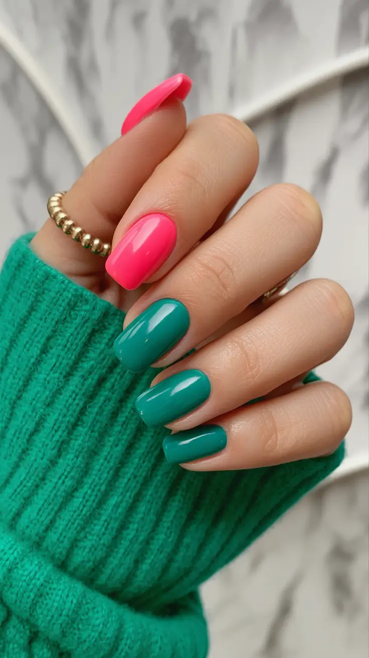Short Nail Designs 2026 Playful Color Block Short Nails in Pink and Green
