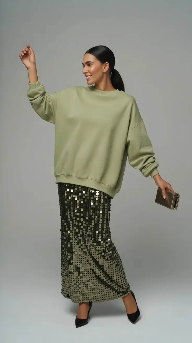 skirt outfits 2026 Relaxed Sparkle With City Comfort