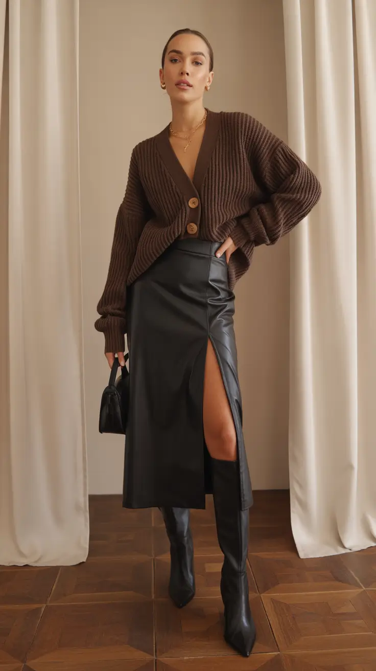 skirt outfits 2026 Soft Knit Texture with Sharp Leather Attitude
