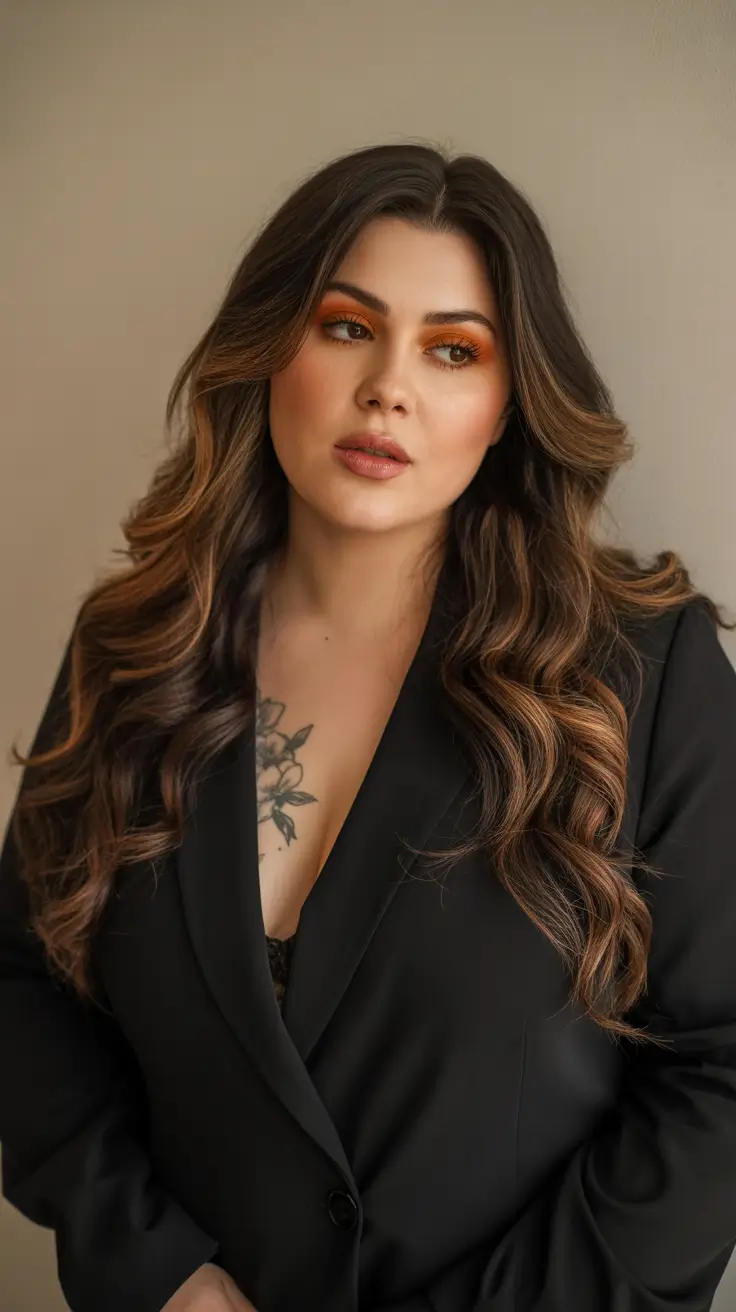 Haircuts for Plus Size Women 2026 Bronzed Balayage with Cascading Layers