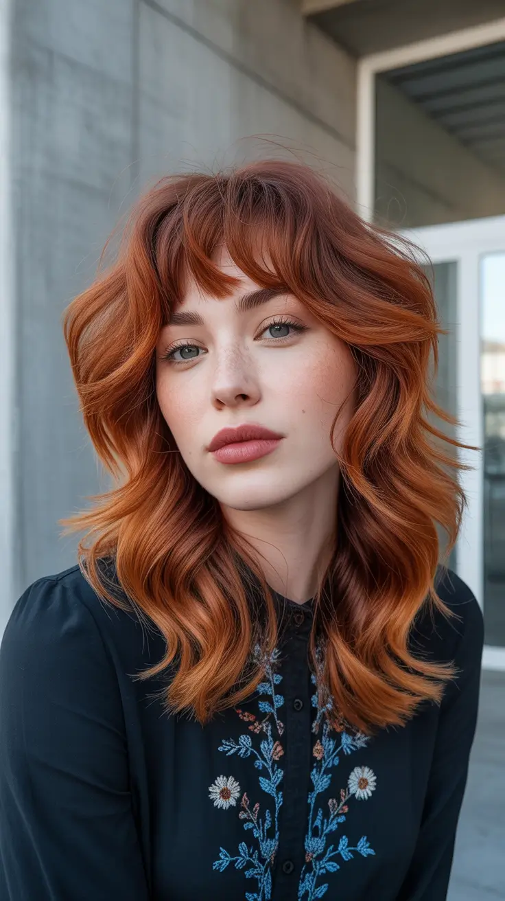 Slimming haircuts for round faces 2026 Fiery Layered Cut with Soft Bangs
