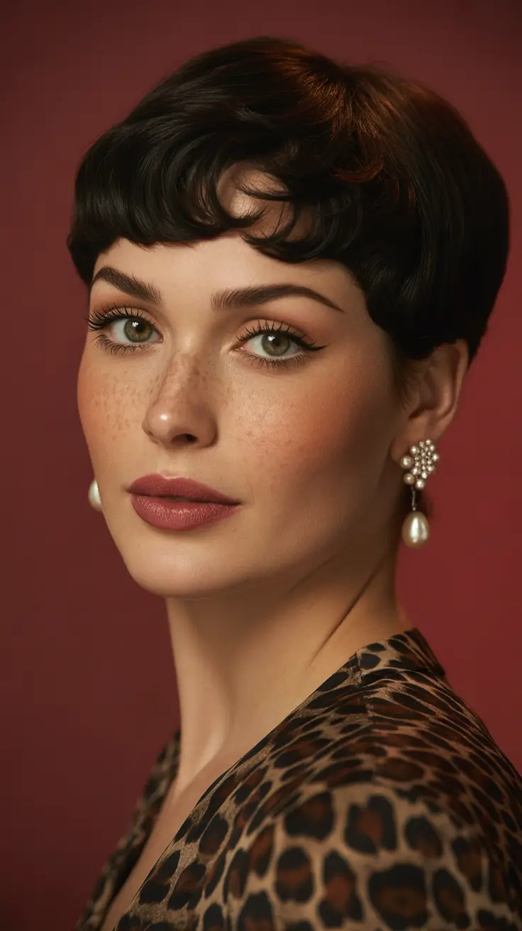 haircut for round face 2026 Elegant Short Pixie with Sculpted Bangs