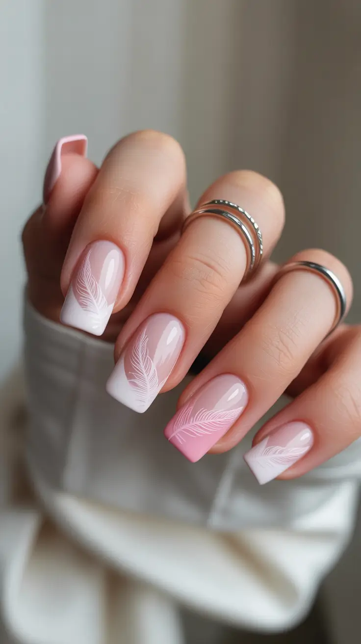 Square Nail Designs 2026 Pink White Ombre Feather Art