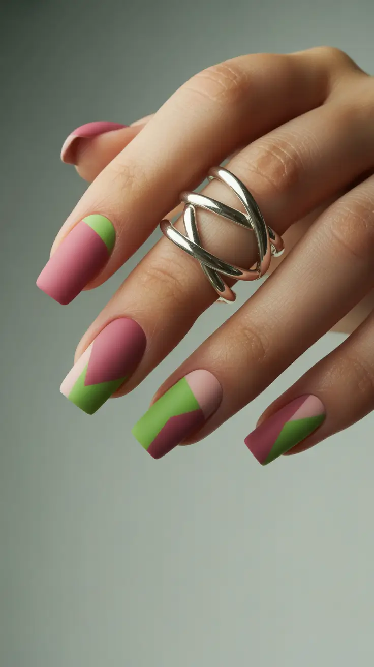 Square Nail Designs 2026 Pink Green Geometric Nails