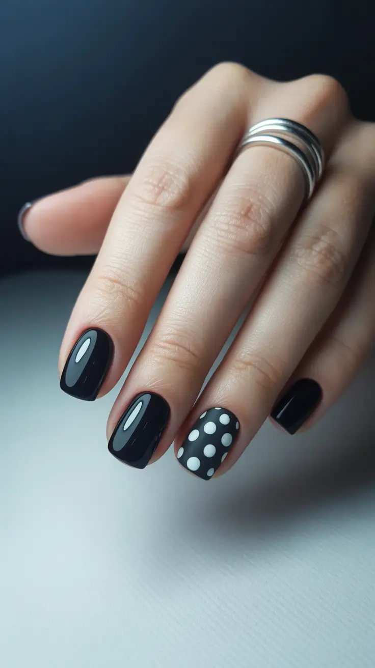 Square Nail Designs 2026 Black Polka Art