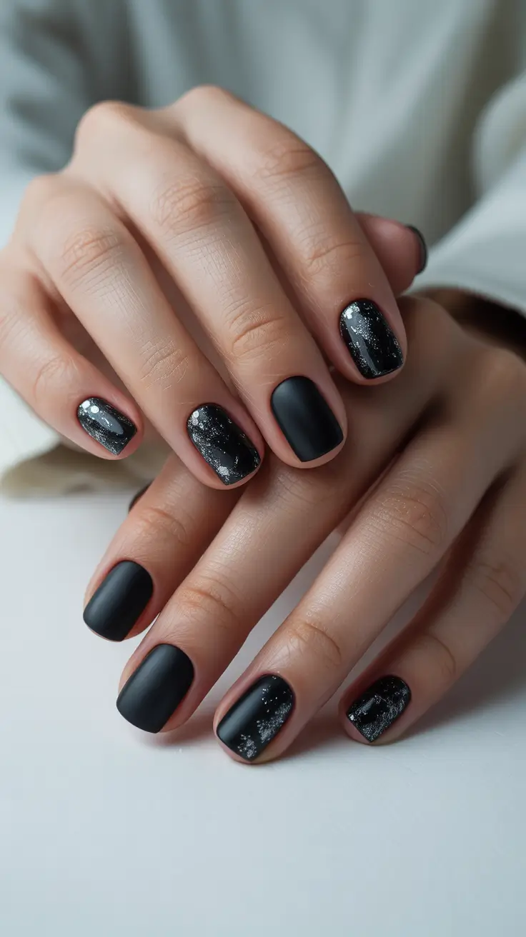 Square Nail Designs 2026 Matte Black Stardust