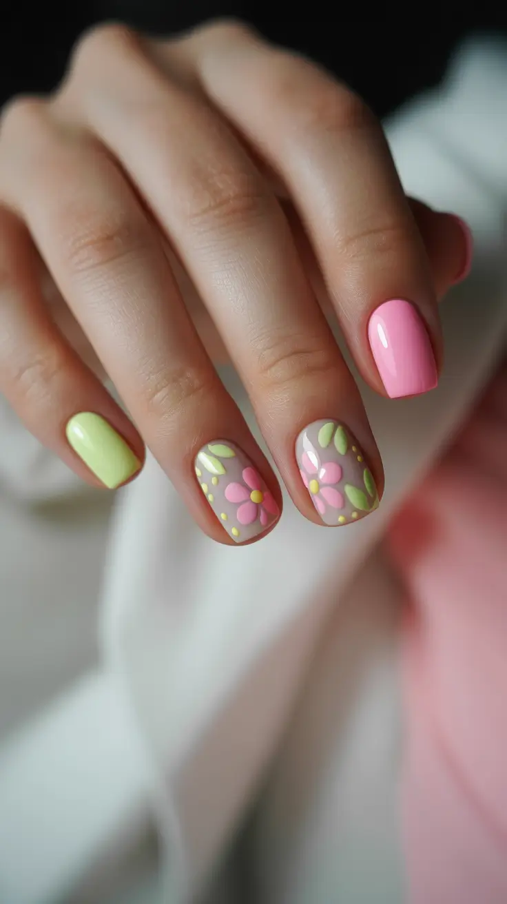Square Nail Designs 2026 Soft Floral Pink Green